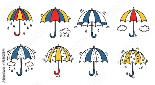 Collection of colorful cartoon umbrellas with rain and clouds.
