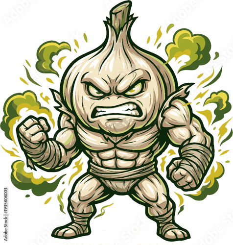 Fierce Muscular Garlic Character With Angry Face And Green Aura