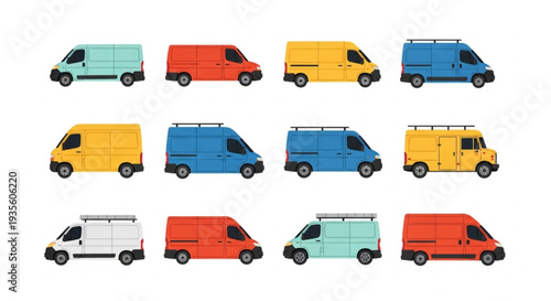 Collection of colorful delivery vans in various styles.