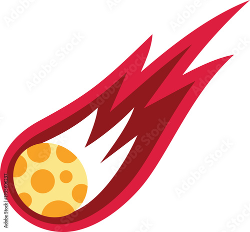 Comet meteoroid falling with bright fiery trail against a white background