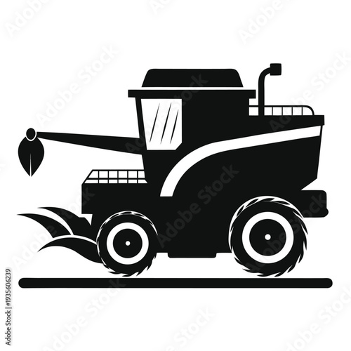 Isolated black silhouette of a harvester vehicle is seen on the ground