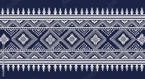 Traditional geometric ethnic border pattern design in shades of blue and white.