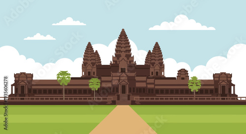 Angkor Wat temple complex vector illustration with lush green surroundings.