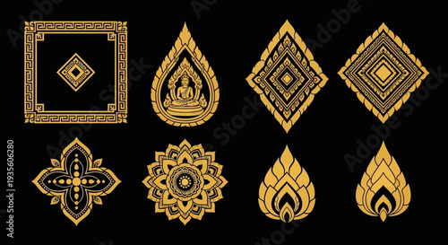 Collection of ornate gold decorative elements on black background.