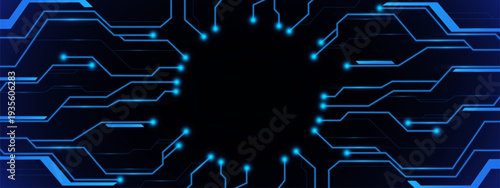 AI circuit board pattern with glowing blue lines and round frame, digital tech vector background. Futuristic electronic design, cyber portal frame, high-tech data visualization concept