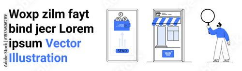 Smartphone with payment screen, online storefront with cart, and person holding magnifying glass. Ideal for e-commerce, mobile apps, marketing, financial services, online stores, retail simple