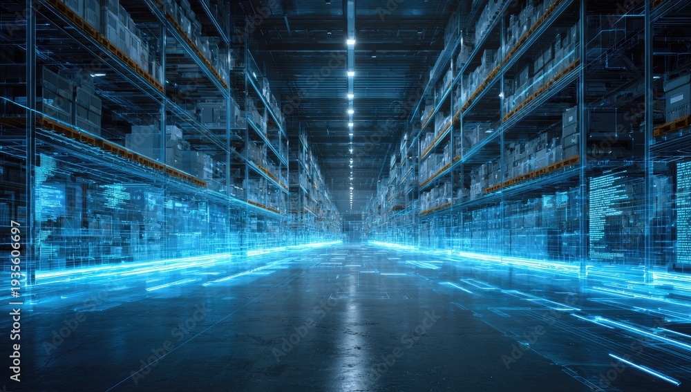Obraz premium Futuristic digital warehouse with glowing blue data streams
