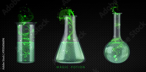 Magical potion elixir bottle with glowing green swirls and mystical smoke effects, realisctic vector illustrations. Lab glassware flask full of liquid, fantasy spell designe elements, enchanted potion