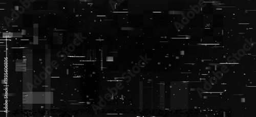 Glitch effect black background with digital pixel noise and distorted VHS static pattern on screen, abstract vector background. White retro tech aesthetic, pixelated texture overlay.