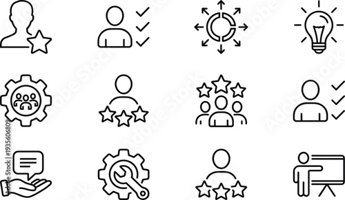 customer satisfaction feedback icons, user rating review system symbols, business service quality evaluation, client experience management vector line set