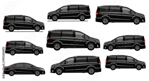 Collection of black luxury vehicles and vans.