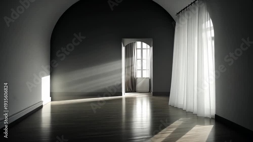 Sunlit Interior Space with Archway and Soft Drapes for Design Use