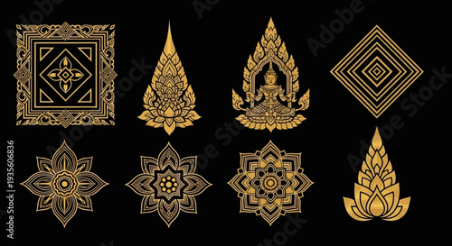 Collection of traditional Thai gold ornaments and decorative elements.