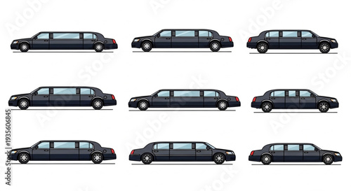 Collection of Black Luxury Limousine Cars on White Background.