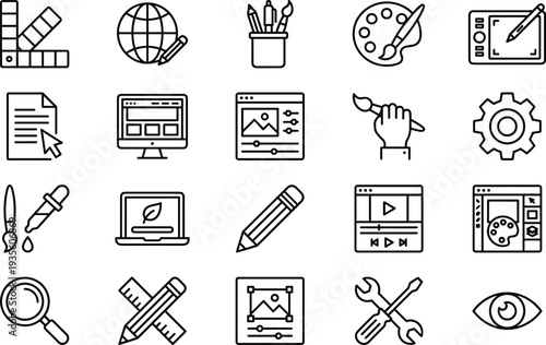 design, creative, graphic, tools, illustration, drawing, palette, brush, pencil, digital, interface, editing, artwork, web, development, outline, vector, icon, set, design