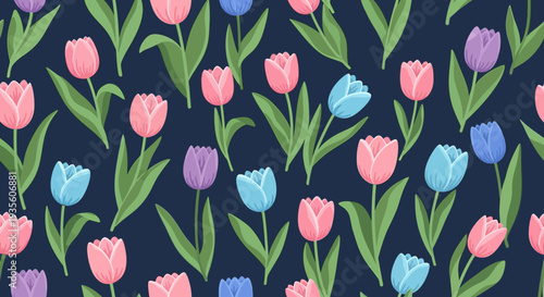 Colorful Tulip Pattern on Dark Blue Background.