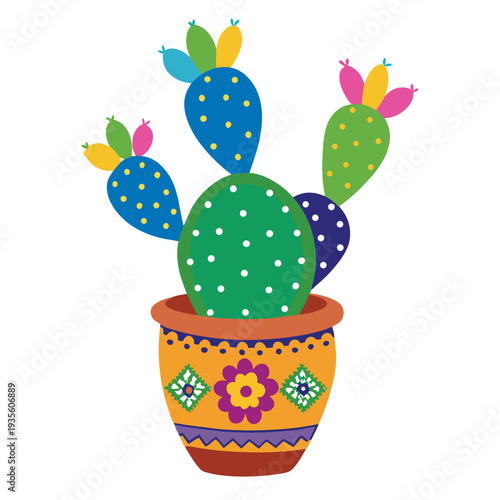 Colorful prickly pear cactus displays vibrancy with the decorative pot creating a delightful scene