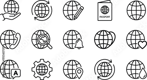 global, internet, communication, worldwide, globe, network, connection, technology, online, navigation, passport, search, notification, translation, location, settings, outline, vector, icon, set