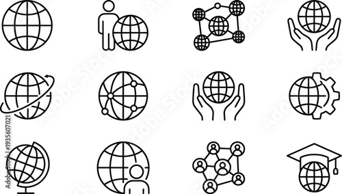 global, network, communication, internet, connection, worldwide, technology, community, education, collaboration, globe, people, digital, sharing, connectivity, outline, vector, icon, set, global