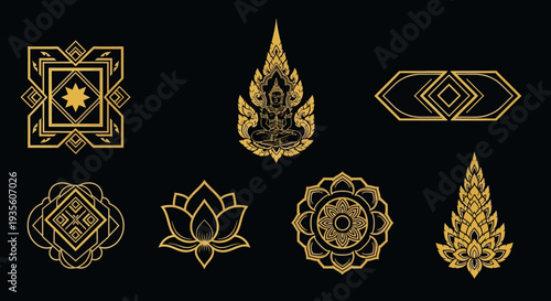 Collection of Golden Geometric and Floral Design Elements.