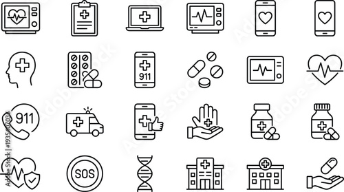 healthcare, medical, hospital, medicine, emergency, ambulance, heartbeat, pharmacy, doctor, patient, monitoring, treatment, health, clinic, technology, outline, vector, icon, set, healthcare