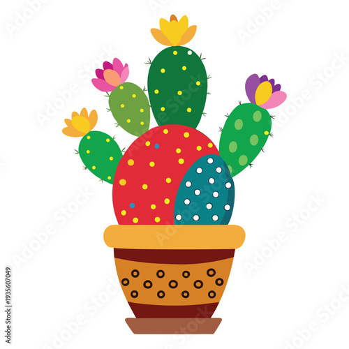 Colorful cartoon cactus with flowers resides in a patterned pot on a white background