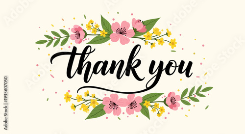 Floral wreath with thank you text in elegant black script font.