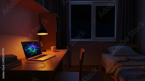 Late night remote work in cozy bedroom home office with laptop and lamp