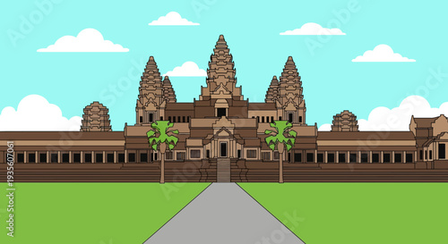 Ancient Angkor Wat Temple Complex Vector Illustration.