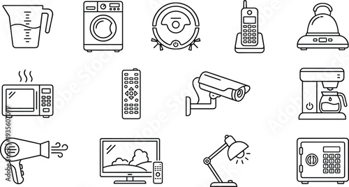 home appliance electronics icons, smart household devices symbols, kitchen equipment technology set, domestic gadgets vector line collection