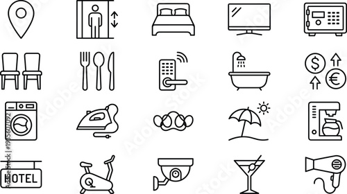 hotel service amenities icons, hospitality accommodation symbols, travel lodging facilities set, room service equipment, tourism hotel line vector collection