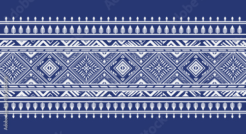 Traditional blue and white geometric ethnic border pattern design.