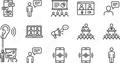 Online communication and webinar outline icon set, video conference presentation chat voice message vector illustration collection