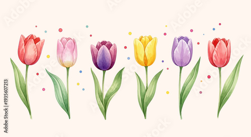 Colorful watercolor tulips with green leaves and confetti on a soft background.