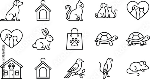 Pet outline icon set, dog cat rabbit turtle bird mouse vector illustration, animal shelter veterinary logo collection black line design