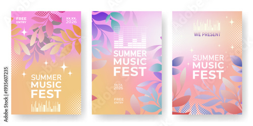 Music fest poster set with vibrant gradient, halftones and abstract floral design, vector illustrations. Template for concert flyers, electro club events, and festival promotions.