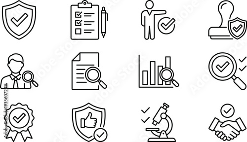 Quality assurance and compliance outline icon set, audit certification security verification vector illustration, business approval management collection