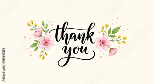 Floral thank you card with pink flowers and green leaves.