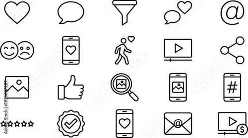 social media communication icons, mobile app interaction symbols, online messaging sharing reactions, digital marketing engagement vector line set