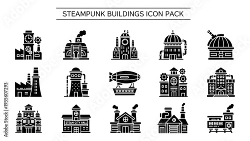 Steampunk buildings icon set featuring industrial architecture and fantasy elements