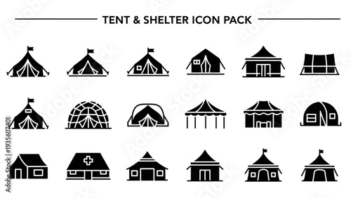 Collection of simple black tent and shelter icons on white background