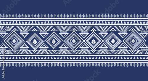 Traditional ethnic blue and white geometric pattern border design.