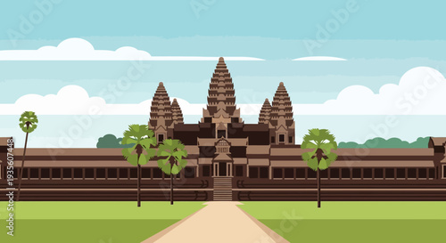 Ancient Angkor Wat Temple Complex Vector Illustration.