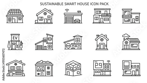 Collection of sustainable smart house icons in various architectural styles