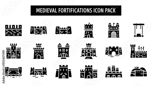 Medieval fortifications icons isolated on a plain background