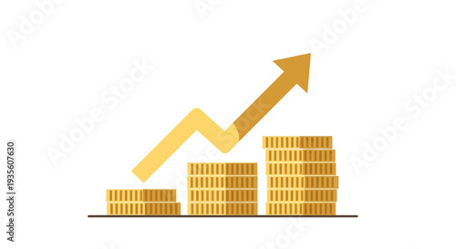 Golden coins stacked in increasing piles with an upward trending arrow, representing financial growth and investment success.