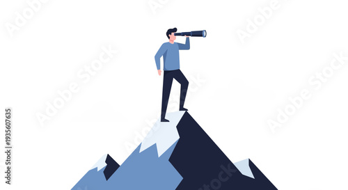 Man with Telescope on Mountain Peak Observing Future Success