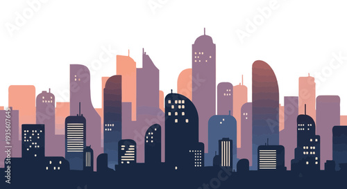 Stylized Cityscape Silhouette with Pastel Dusk Sky and Glowing Windows
