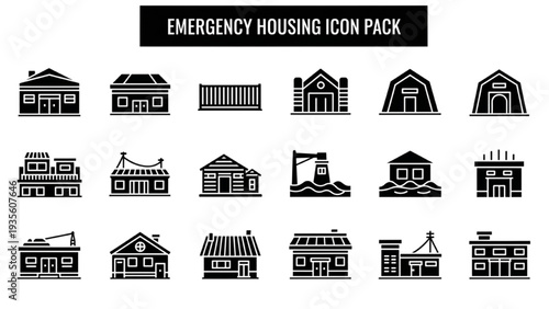 Collection of emergency housing icons in various architectural styles