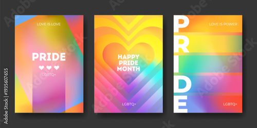 Pride month poster with rainbow gradient background. LGBT celebration abstract graphic colorful design with hearts, gay parade flyer, social media banner, or event cover template.